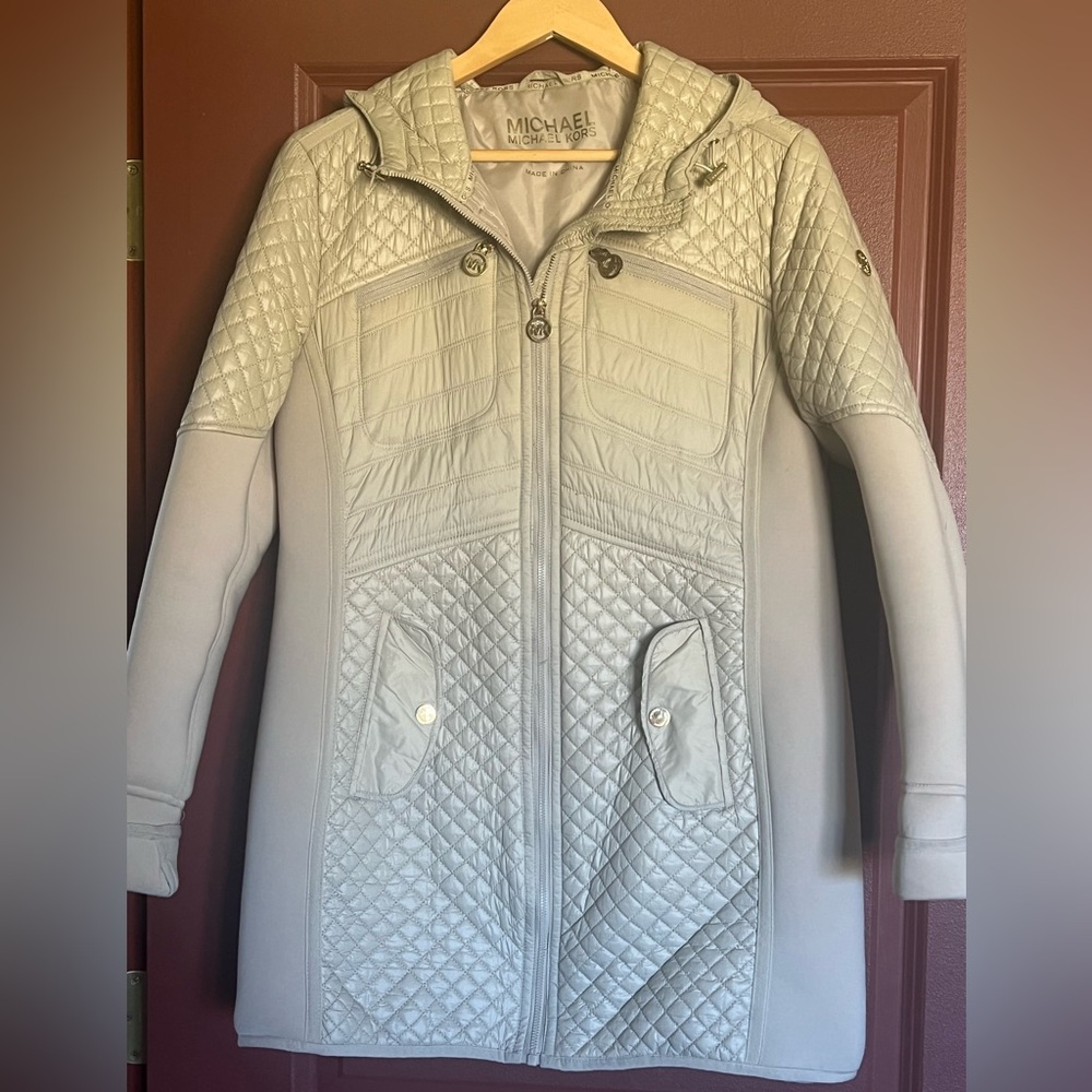 Michael Kors Quilted Light Gray Hooded Coat
